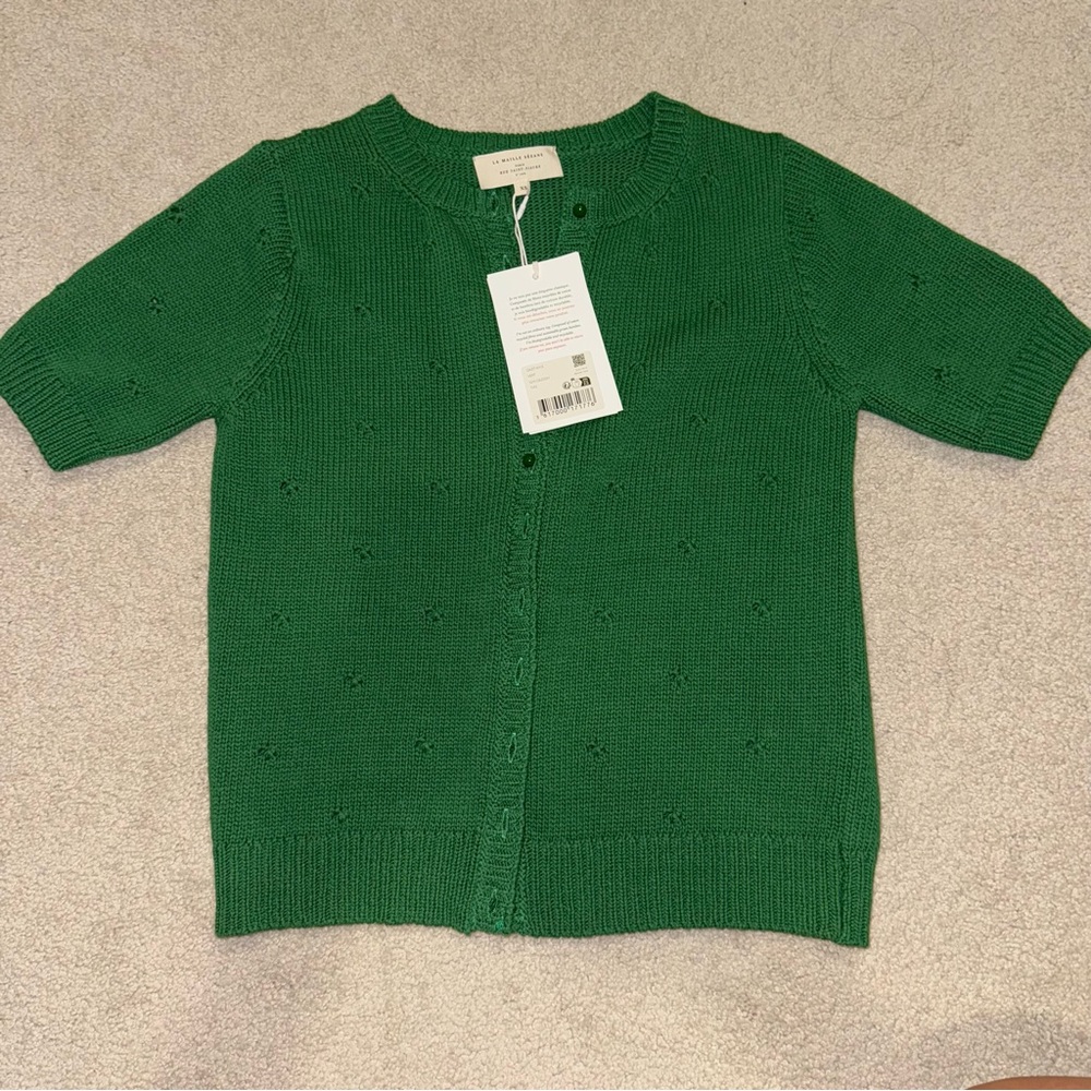Sezane Green Short-Sleeve Knit Cardigan